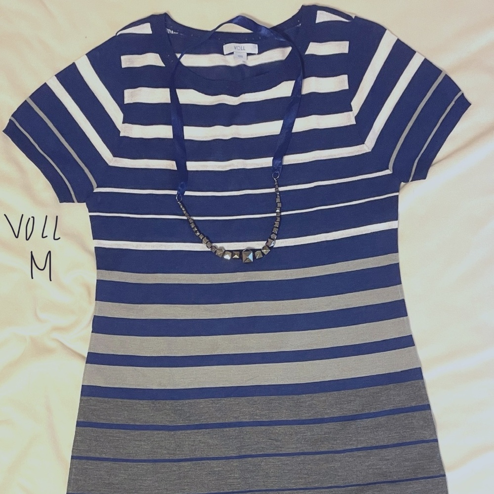 VOLL Blue Stripes + White/Gray Ombre Midi Dress Medium